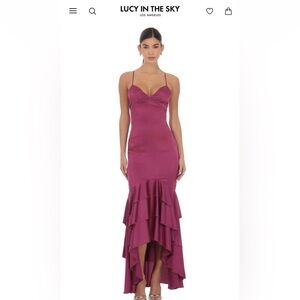 Satin Ruffle Fishtail Maxi Dress in Magenta (XS) - Lucy in the Sky